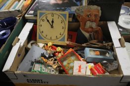 A TRAY OF ASSORTED GAMES ETC, TO INCLUDE PLAYING CARDS AND VINTAGE DARTS (TRAY NOT INCLUDED)