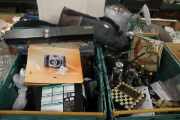 TWO TRAYS OF SUNDRIES AND ELECTRICAL'S, TO INCLUDE CAMERAS AND LAMP ETC (TRAYS NOT INCLUDED)