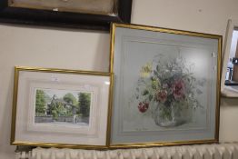 A FRAMED AND GLAZED WATERCOLOUR OF A VASE AND FLOWERS SIGNED BARBARA CROWE, TOGETHER WITH A