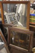 A LARGE FRAMED MIRROR TOGETHER WITH A CATTLE PICTURE AND TWO OTHERS