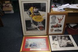 A LARGE FRAMED NIGEL MANSELL POSTER, 109 x 79.5 cm including frame, together with a FRAMED RACING