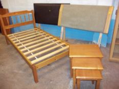 A SINGLE PINE BED FRAME, TWO HEADBOARDS AND A MODERN NEST OF TABLES