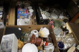 FOUR TRAYS OF CERAMICS AND GLASSWARE (TRAYS NOT INCLUDED)