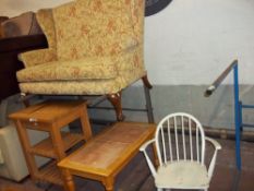 A FABRIC TWO SEATER SOFA WITH QUEEN ANN STYLE LEGS TOGETHER WITH THREE ITEMS COMPRISING A WHITE