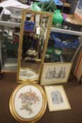 A GILT FRAMED WALL MIRROR ALONG WITH TWO VICTORIAN STYLE PRINTS AND A EMBROIDERED PICTURE