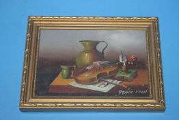A SMALL GILT FRAMED STILL LIFE SIGNED FRANK LEAN 21 CM X 16 CM