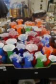 TWO TRAYS OF COLOURED GLASS VASES (TRAYS NOT INCLUDED)
