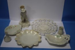 SEVEN BELLEEK ITEMS, TO INCLUDE PLATES, FIGURE ETC, ALL WITH BROWN STAMP TO BASE