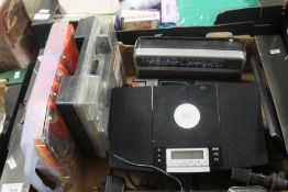 A TRAY OF ASSORTED TOOLS AND ELECTRICALS TO INCLUDE RADIOS (TRAY NOT INCLUDED)