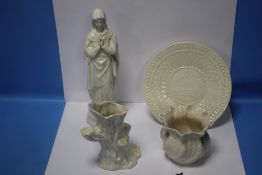 FOUR BELLEEK ITEMS TO INCLUDE THE VIRGIN MARY FIGURINE, A PLATE, VASE ETC, ALL WITH GREEN STAMP AT