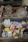 A TRAY OF NOVELTY TEAPOTS TOGETHER WITH A TRAY OF GLASSWARE
