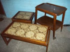 TWO RETRO TILED TABLES AND ONE SERVING TROLLEY