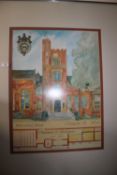 A FRAMED AND GLAZED PICTURE OF A WOLVERHAMPTON GRAMMAR SCHOOL TOGETHER WITH A PRINT TITLED 