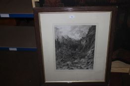 A FRAMED AND GLAZED ENGRAVING OF A MOUNTAIN SCENE SIGNED FAUSTNER 1880 64 1/2 CM X 76 CM