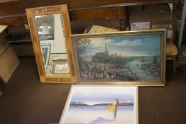 A CARVED WOOD FRAMED MIRROR AND TWO PICTURES
