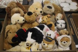 A BOX OF SOFT TOYS, to include Ty Beanies, Russ, Andrex puppies, Boo etc.