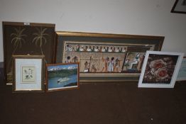 AN EGYPTIAN STYLE PAINTING TOGETHER WITH 5 OTHER PICTURES