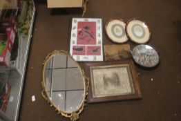 A BEAD PICTURE OF BIRDS, together with a circular floral bead / tapestry picture, a print on