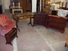 FIVE ITEMS TO INCLUDE A REPRODUCTION DROP LEAF DESK, A MAGAZINE RACK, A REPRODUCTION SMALL