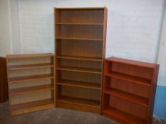 THREE IKEA STYLE BOOKSHELVES, TWO WITH OAK FINISH