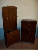A VINTAGE WALNUT COCKTAIL CABINET AND A VINTAGE OAK HALL COAT / UMBRELLA STAND WITH MIRROR