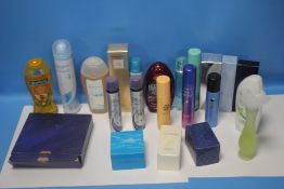 A TUB OF ASSORTED PERFUMES, DEODORANTS ETC TO INCLUDE SOME BOXED.