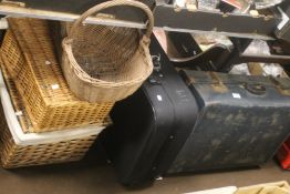 A COLLECTION OF WICKER BASKETS AND 2 SUITCASES