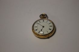 AN 18 CT GOLD KEY WIND OPEN FACE POCKET WATCH THE DIAL WHITE ENAMEL WITH BLACK ROMAN NUMERALS