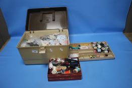 A SEWING BOX AND CONTENTS TOGETHER WITH A BOX OF COTTON REELS ETC