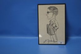 PAT ROONEY CHARCOAL CARICATURE SKETCH, signed 1938, under glass 28 x 19 cm