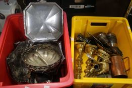 TWO BOXES OF ASSORTED METALWARE, TO INCLUDE BRASS
