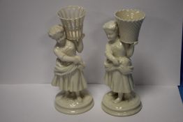 TWO BELLEEK FIGURES WITH GREEN MARKS TO BASE