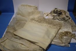 A VINTAGE WEDDING DRESS, A SHAWL, A HEAD BAND ETC