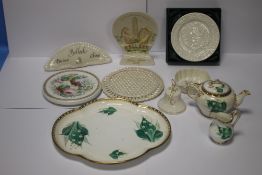 A COLLECTION OF BELLEEK, TO INCLUDE A PART TEA SET, WITH BROWN STAMP TO BASE, TWO BELLEEK SIGNS,