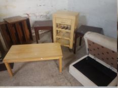 SIX ITEMS TO INCLUDE A CHOPPING TABLE, A CD UNIT, A POUFFE, A COFFEE TABLE AND TWO REPRODUCTION