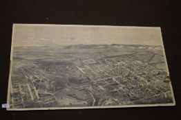 A MOUNTED BIRDS EYE VIEW PRINT OF A TOWN BY S CALVERT 98 CM X 55 CM