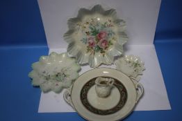 A COLLECTION OF THREE BELLEEK FLORAL PLATES, A BELLEEK TWIN HANDLED PLATE AND A SMALL VASE ALL