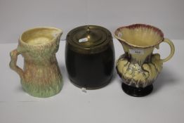 A WOODEN LIDDED BARREL, TOGETHER WITH TWO CERAMIC VASES TO INCLUDE SYLVAC