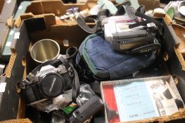 COLLECTION OF ASSORTED CAMERAS AND LENSES, TO INCLUDE, OLYMPUS, JVC ETC