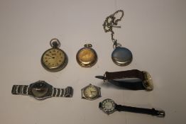 AN ELGIN GOLD PLATED HUNTER POCKET WATCH and two others together with a small quantity of wrist