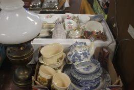 TWO TRAYS OF CERAMICS TO INCLUDE A PARRAFIN LAMP (TRAYS NOT INCLUDED)