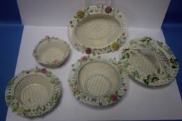 FIVE DONEGAL PIERCED BASKETS, SOME S/D