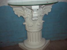 A MODERN GLASS TOPPED HALF MOON HALL SIDE TABLE / STAND