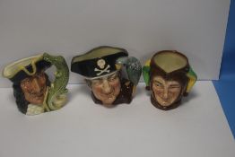 THREE SMALL ROYAL DOULTON CHARACTER JUGS, TO INCLUDE CAPTAIN HOOK, LONG JOHN SILVER AND A JESTER