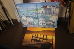 TWO PRINTS ON CANVASS ONE DEPICTING A SEASIDE SCENE THE OTHER OF A JETTY