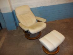 A CREAM EKORNES STRESSLESS SWIVEL RECLINER AND ADJUCTABLE FOOT STOOL