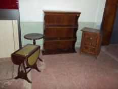 FOUR ITEMS TO INCLUDE A VINTAGE CHEST, A REPRODUCTION DROP LEAF LEATHER INLAID TABLE, A WINE