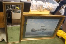 A FRAMED AND GLAZED COULSON PRINT DEPICTING HURRICANES TOGETHER WITH A MIRROR