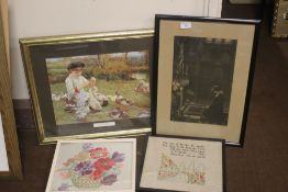 TWO FRAMED PRINTS TOGETHER WITH TWO EMBROIDERED PICTURES