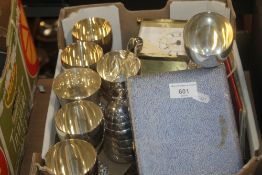 A TRAY OF METALWARE TO INCLUDE GOBLETS (TRAY NOT INCLUDED)